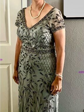 oleg cassini sage beaded dress | Dresses | Oleg Cassini 34 Sleeve Gray And Gold Gown With Godets Size 8 to special formal dress shoes ✨ Myth: Black Wedding Color:05
